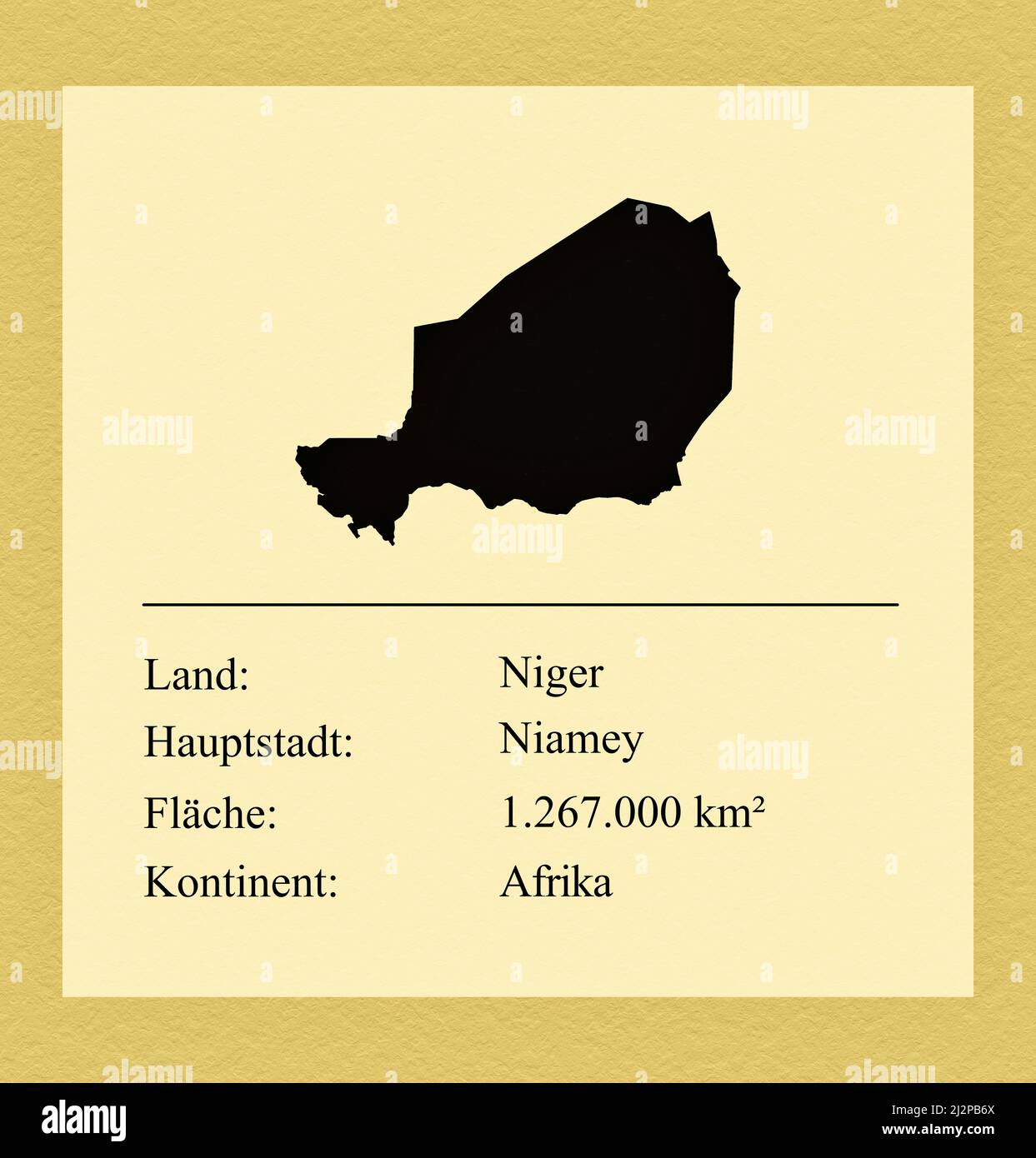 Umrisse des Landes Niger, darunter ein kleiner Steckbrief mit Ländernamen, Hauptstadt, Fläche und Kontinent Stock Photo