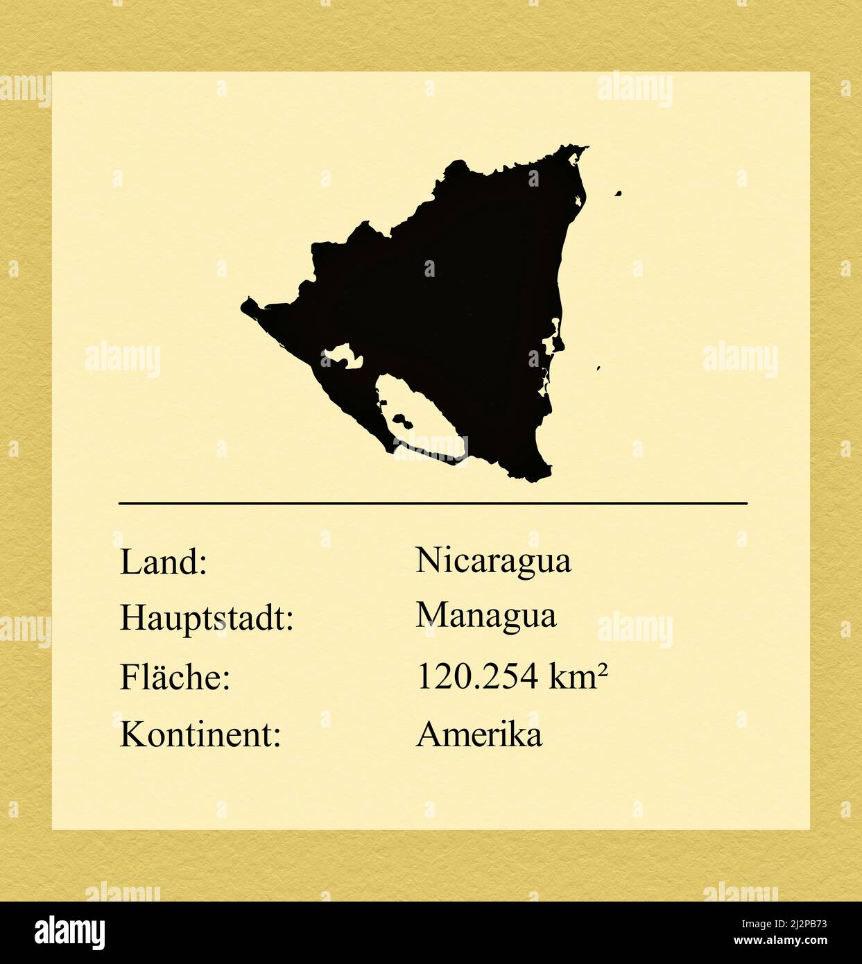 Umrisse des Landes Nicaragua, darunter ein kleiner Steckbrief mit Ländernamen, Hauptstadt, Fläche und Kontinent Stock Photo