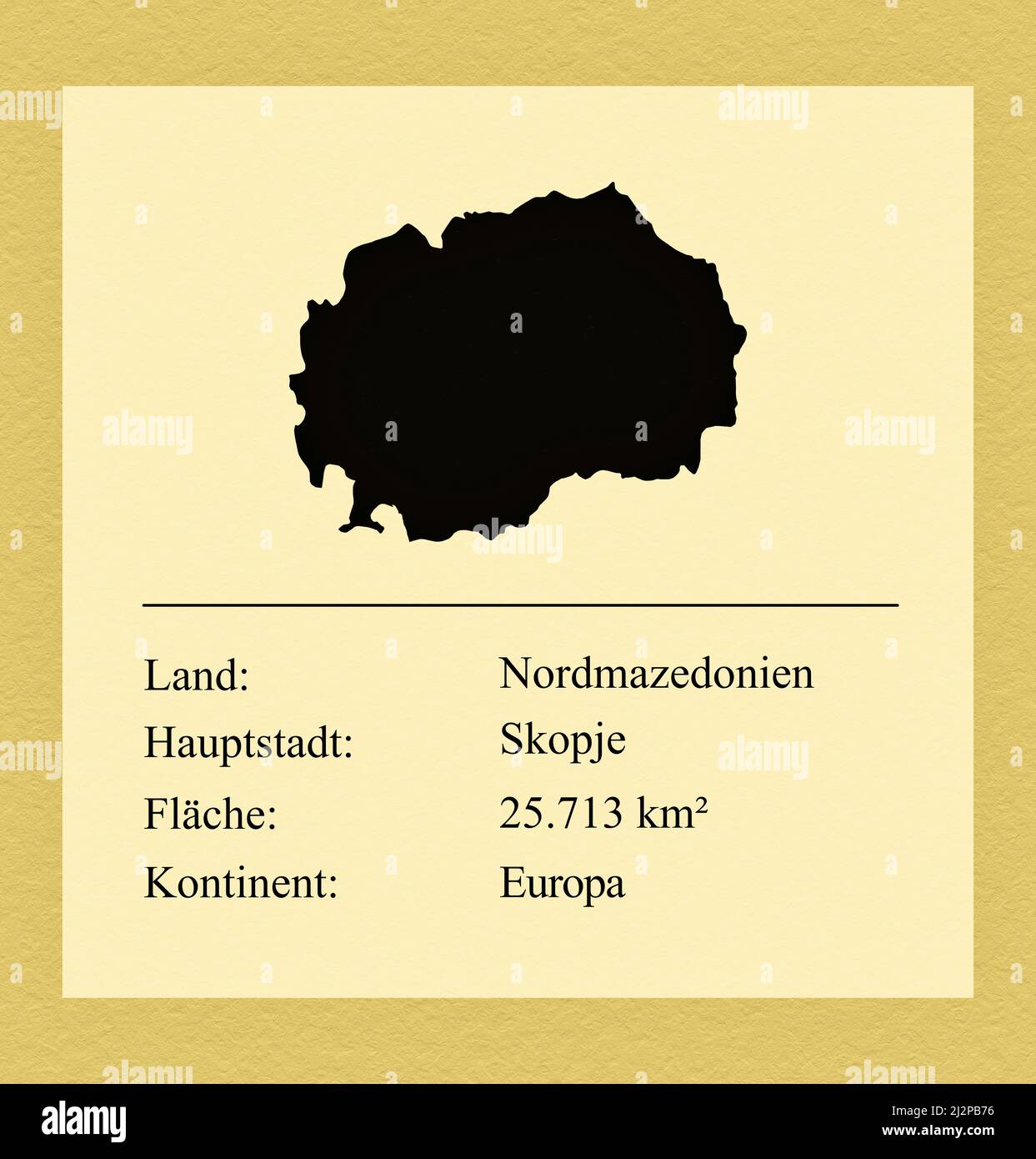 Umrisse des Landes Nordmazedonien, darunter ein kleiner Steckbrief mit Ländernamen, Hauptstadt, Fläche und Kontinent Stock Photo