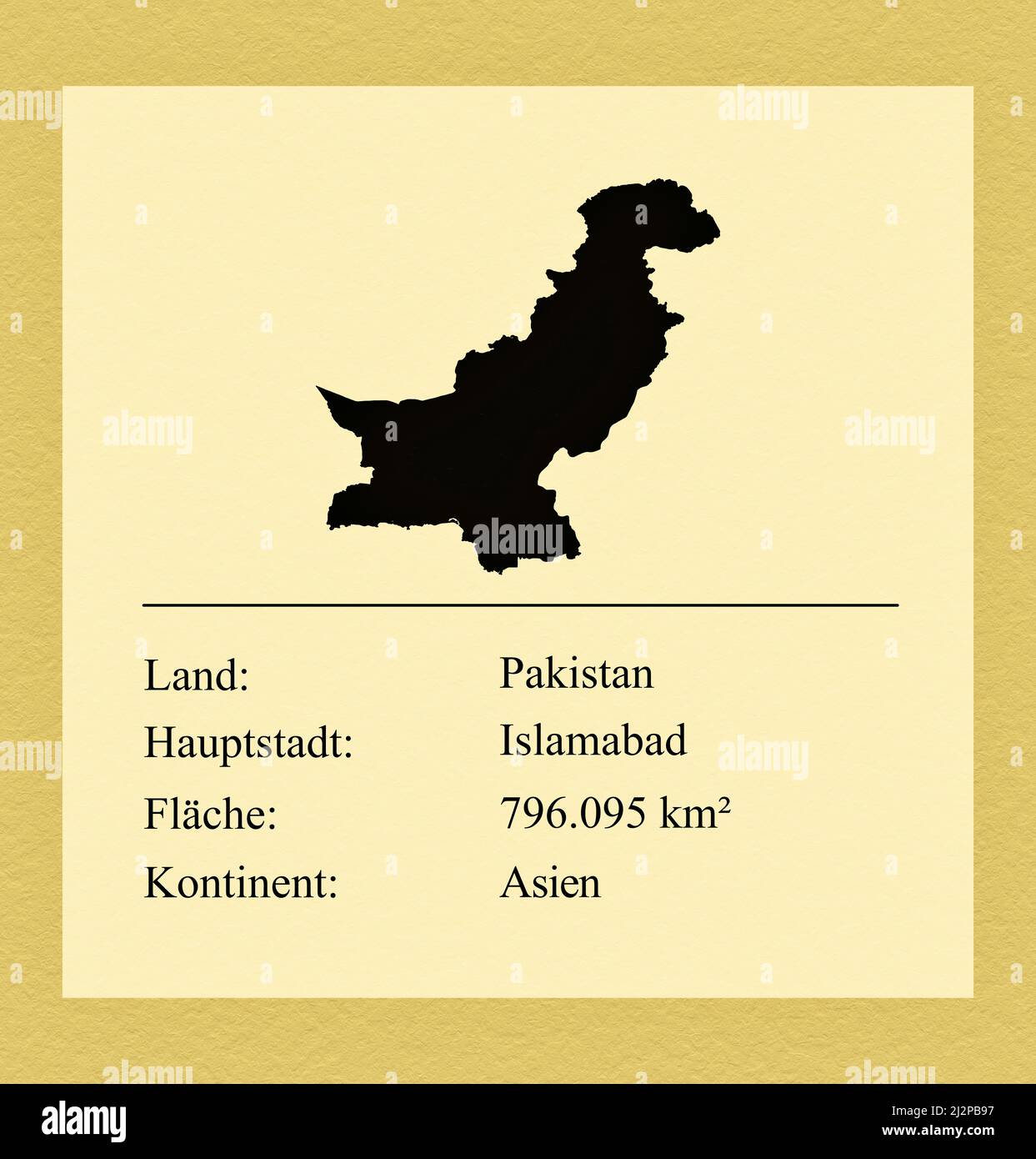Umrisse des Landes Pakistan, darunter ein kleiner Steckbrief mit Ländernamen, Hauptstadt, Fläche und Kontinent Stock Photo