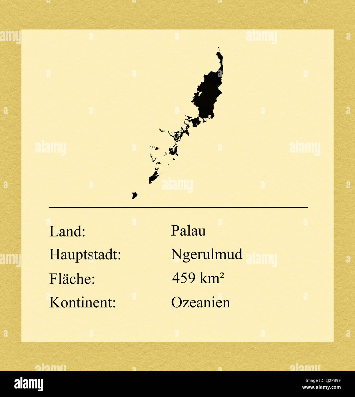 Umrisse des Landes Palau, darunter ein kleiner Steckbrief mit Ländernamen, Hauptstadt, Fläche und Kontinent Stock Photo