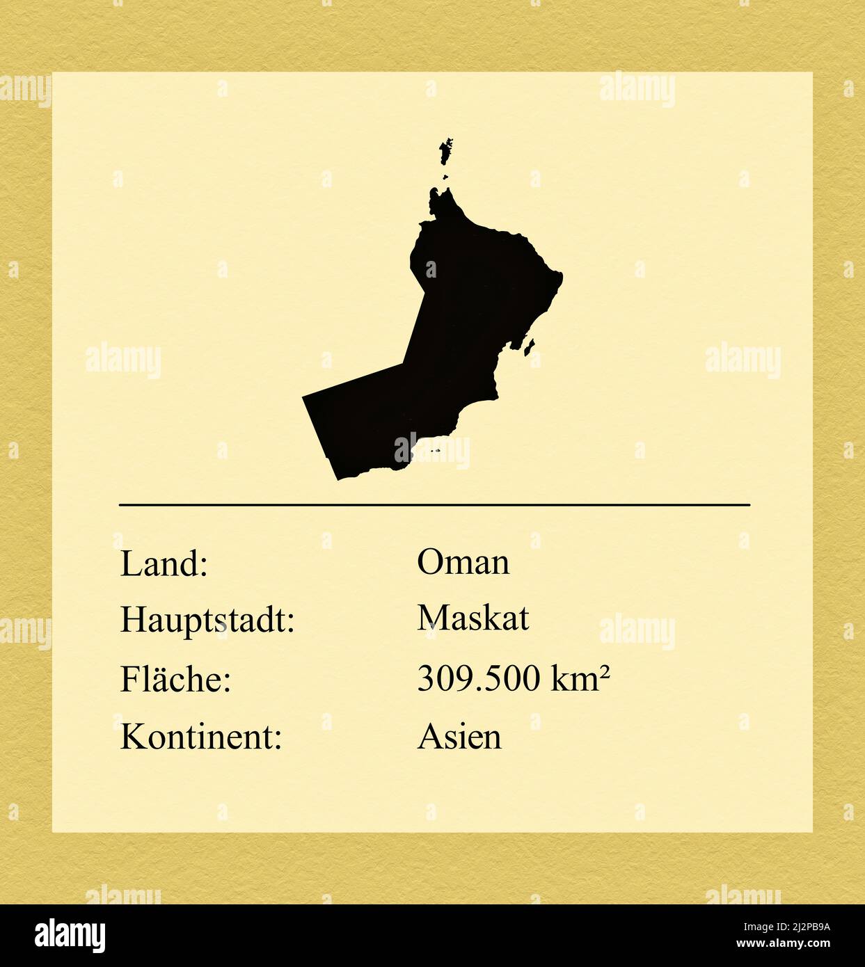 Umrisse des Landes Oman, darunter ein kleiner Steckbrief mit Ländernamen, Hauptstadt, Fläche und Kontinent Stock Photo