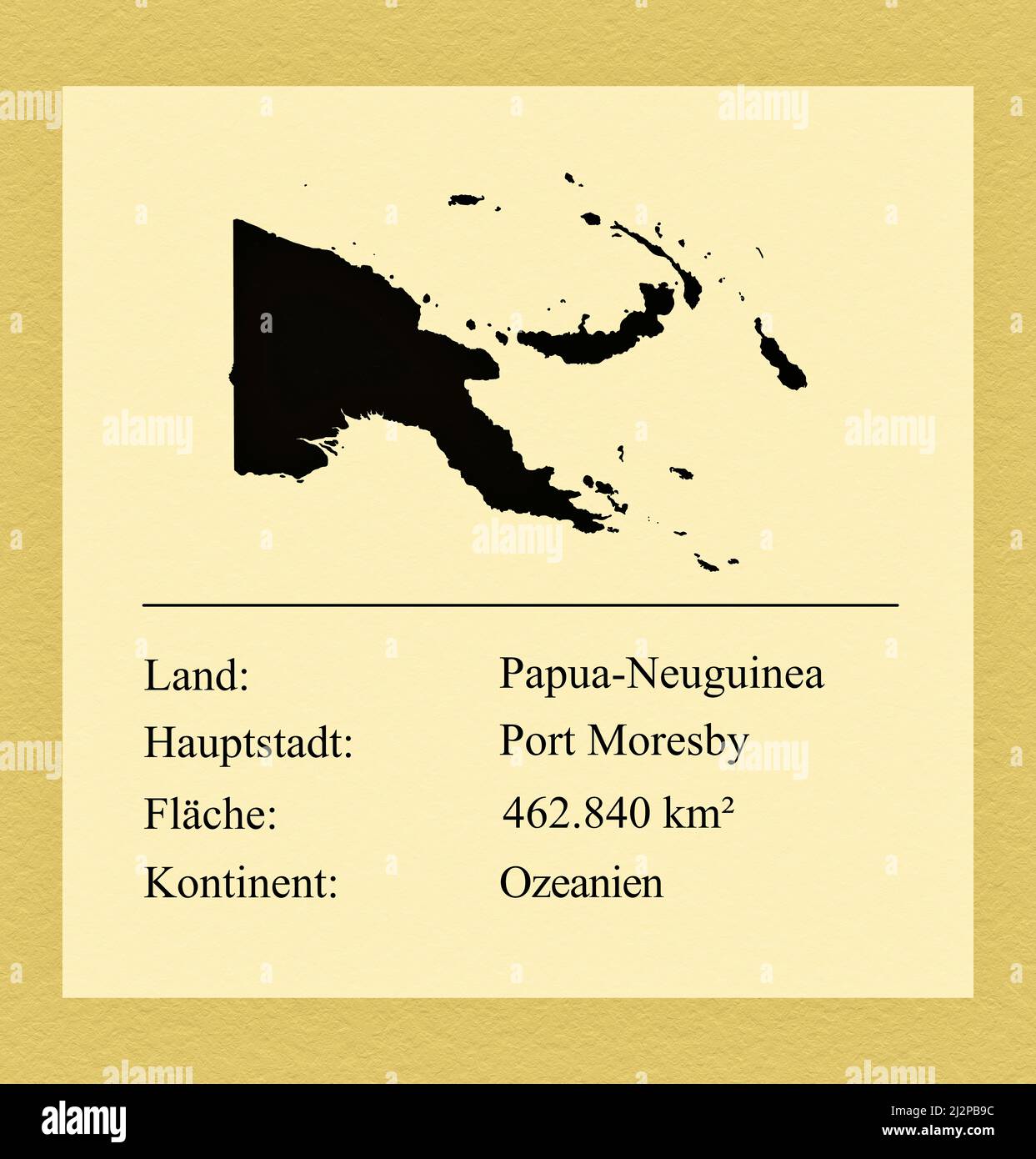 Umrisse des Landes Papua-Neuguinea, darunter ein kleiner Steckbrief mit Ländernamen, Hauptstadt, Fläche und Kontinent Stock Photo