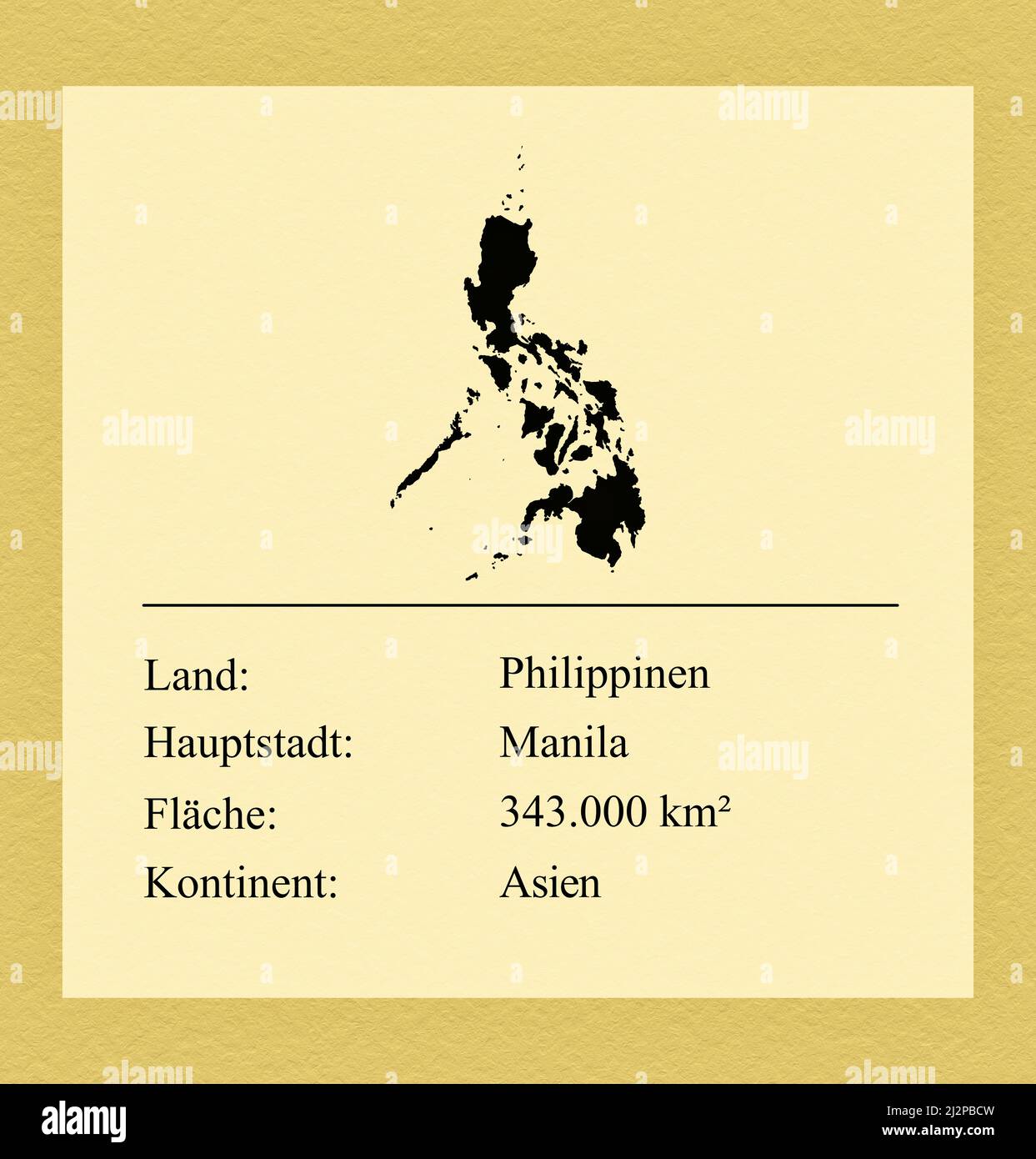Umrisse des Landes Philippinen, darunter ein kleiner Steckbrief mit Ländernamen, Hauptstadt, Fläche und Kontinent Stock Photo