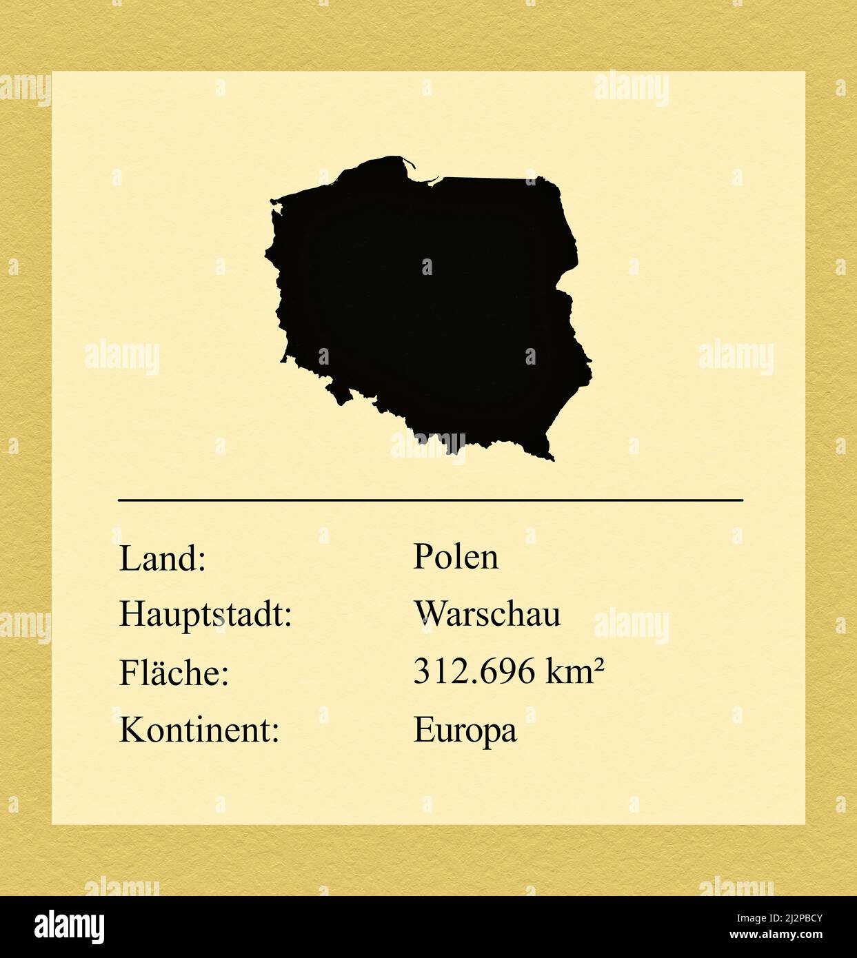 Umrisse des Landes Polen, darunter ein kleiner Steckbrief mit Ländernamen, Hauptstadt, Fläche und Kontinent Stock Photo