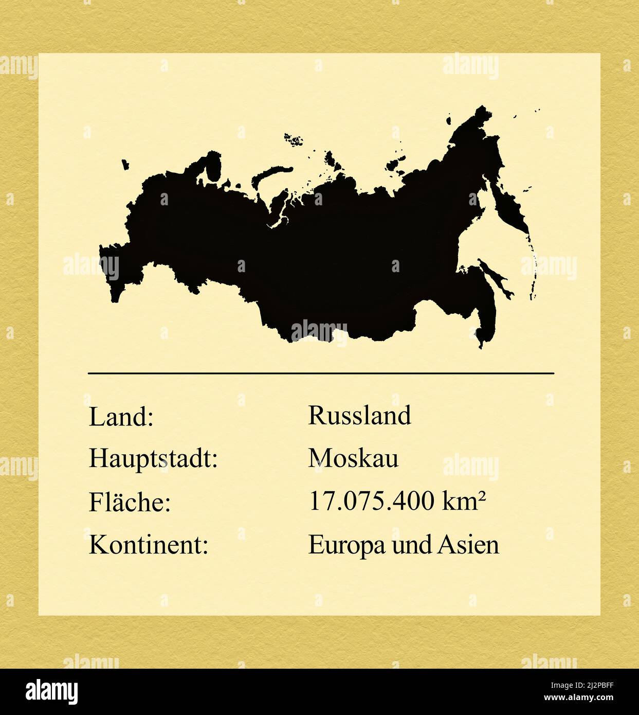 Umrisse des Landes Russland, darunter ein kleiner Steckbrief mit Ländernamen, Hauptstadt, Fläche und Kontinent Stock Photo