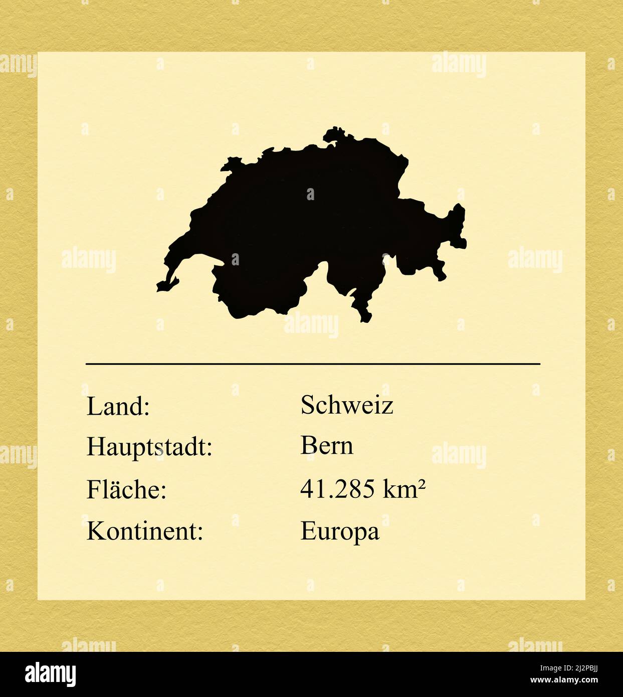 Umrisse des Landes Schweiz, darunter ein kleiner Steckbrief mit Ländernamen, Hauptstadt, Fläche und Kontinent Stock Photo