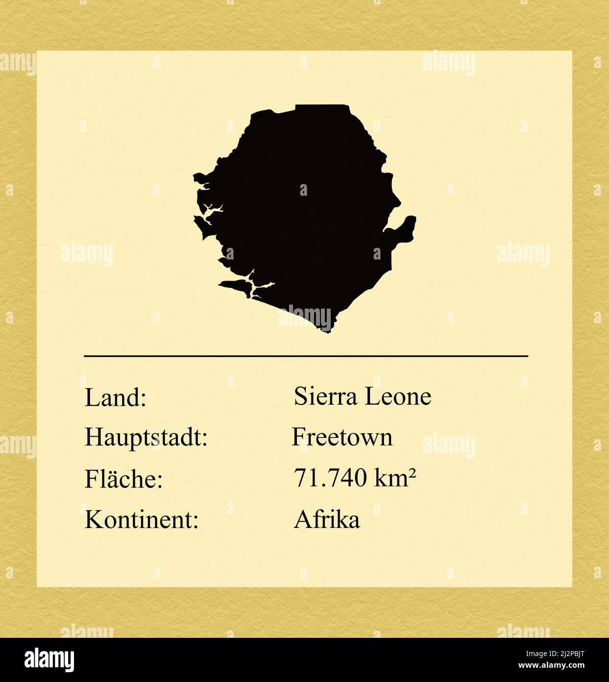 Umrisse des Landes Sierra Leone, darunter ein kleiner Steckbrief mit Ländernamen, Hauptstadt, Fläche und Kontinent Stock Photo