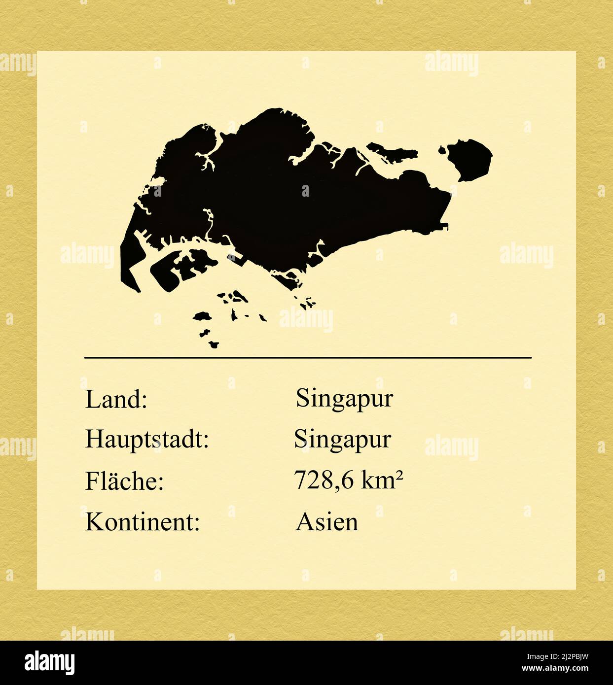 Umrisse des Landes Singapur, darunter ein kleiner Steckbrief mit Ländernamen, Hauptstadt, Fläche und Kontinent Stock Photo