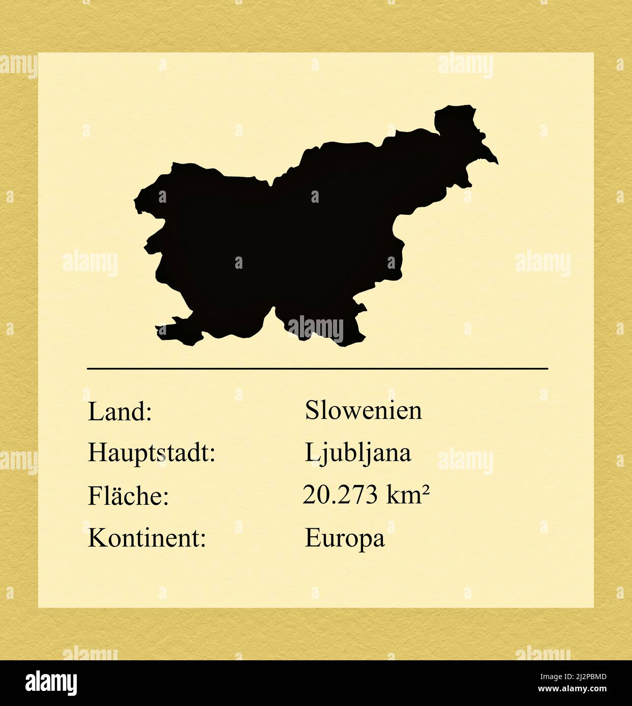 Umrisse des Landes Slowenien, darunter ein kleiner Steckbrief mit Ländernamen, Hauptstadt, Fläche und Kontinent Stock Photo