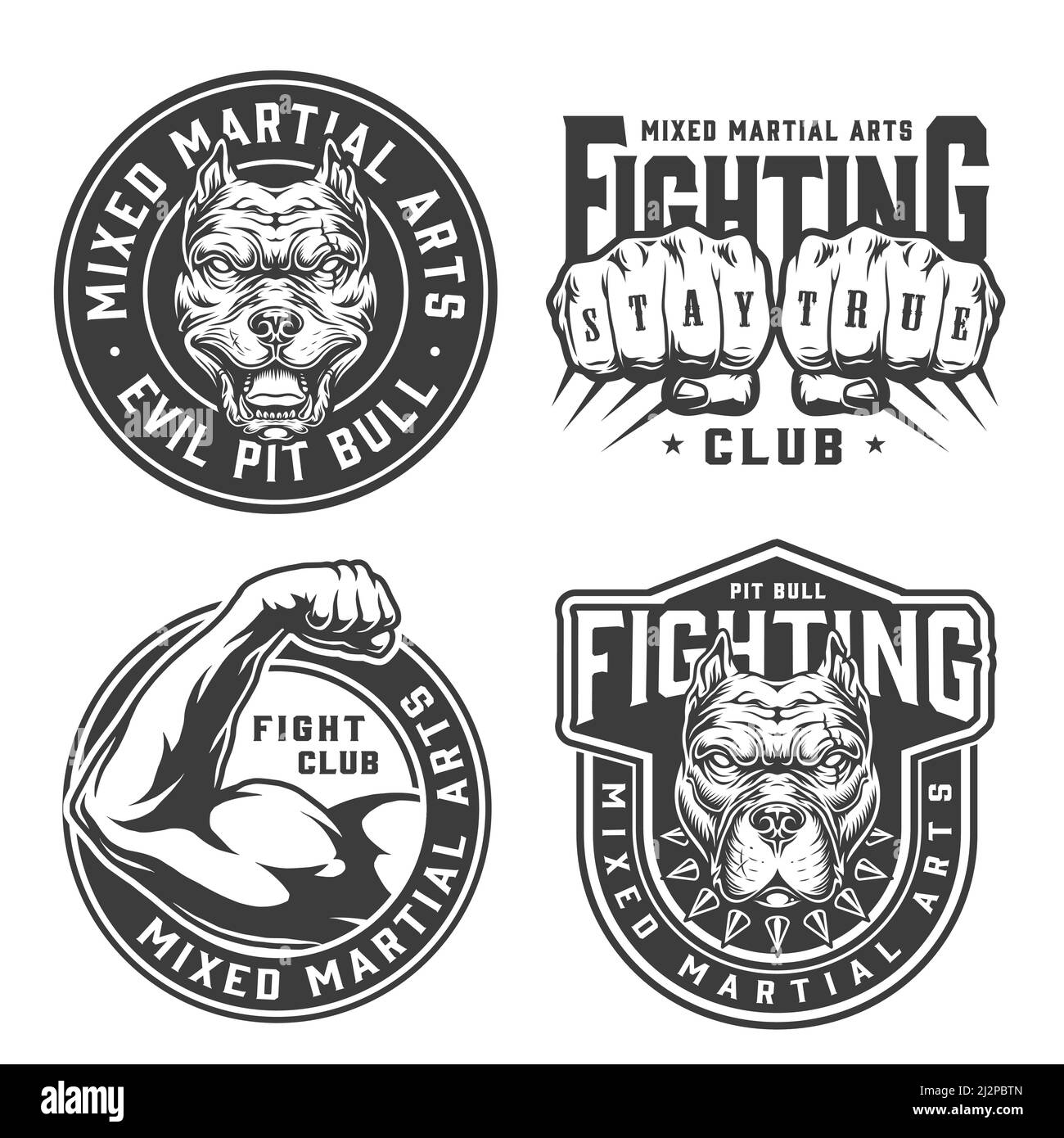 Vintage monochrome fight club badges with pitbull heads male fists and strong fighter arm isolated vector illustration Stock Vector