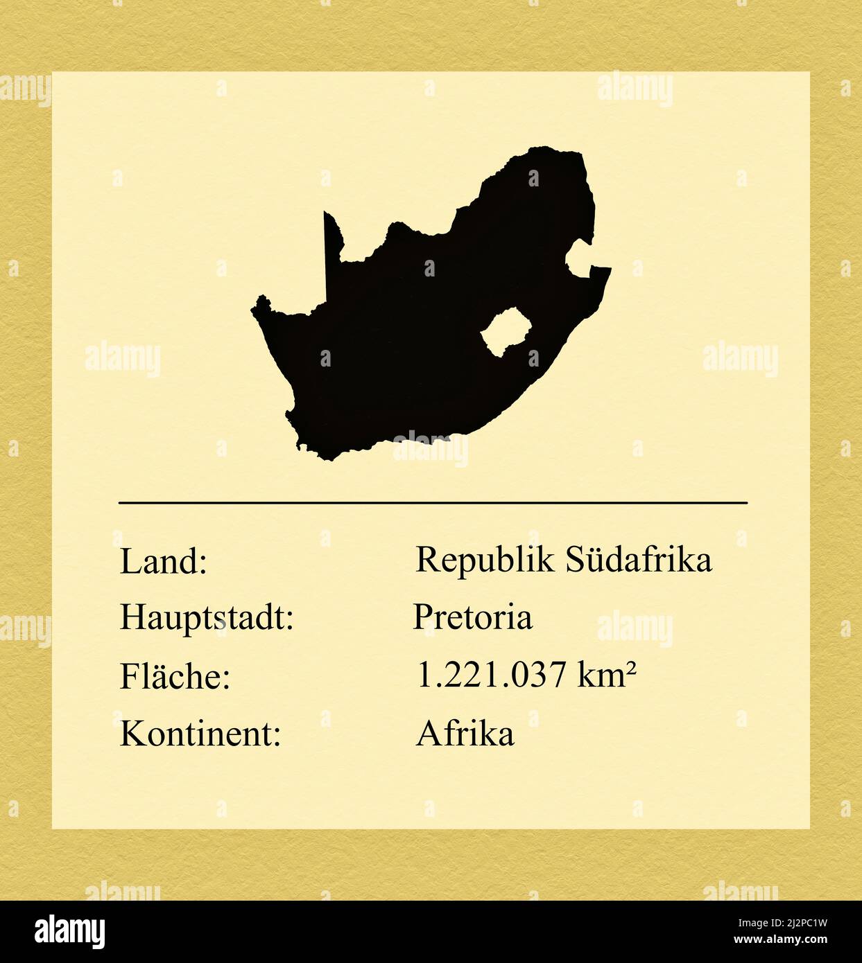 Umrisse des Landes Republik Südafrika, darunter ein kleiner Steckbrief mit Ländernamen, Hauptstadt, Fläche und Kontinent Stock Photo