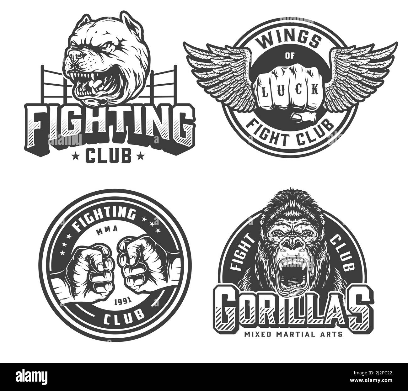 Vintage fight club monochrome logotypes with angry pitbull and gorilla heads winged and bumping male fists isolated vector illustration Stock Vector