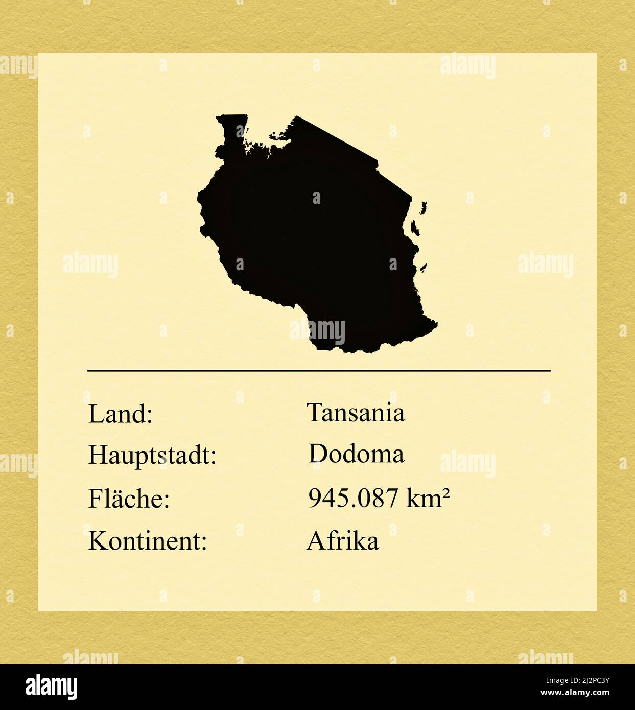 Umrisse des Landes Tansania, darunter ein kleiner Steckbrief mit Ländernamen, Hauptstadt, Fläche und Kontinent Stock Photo