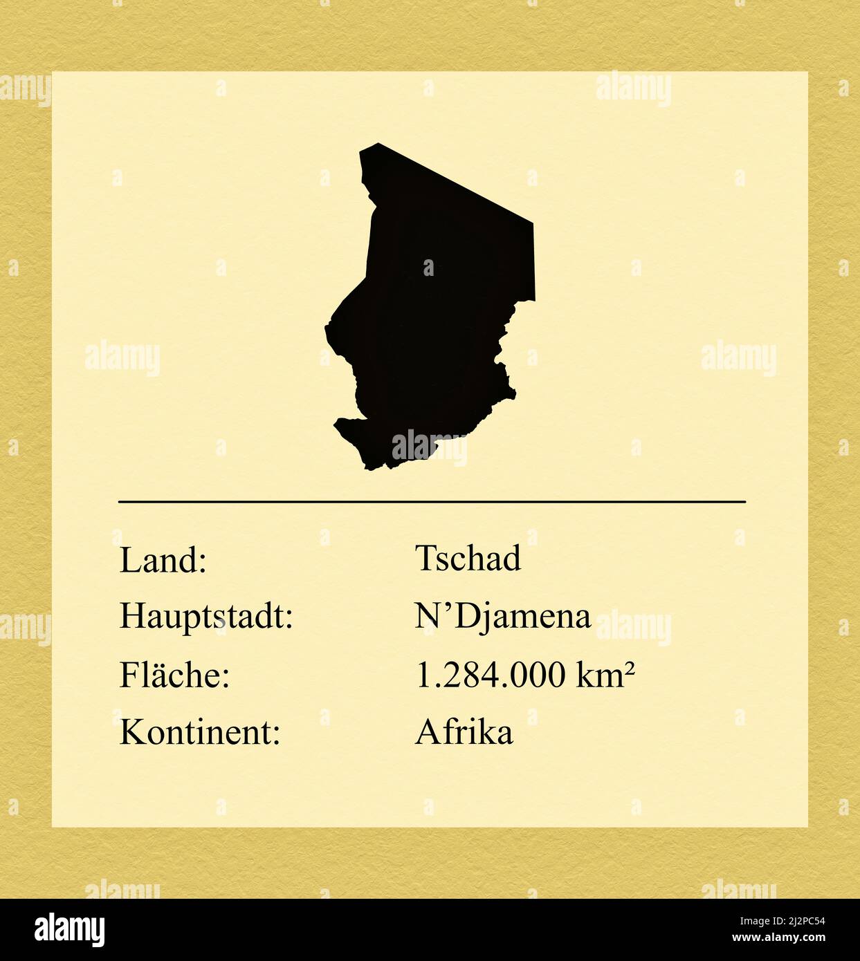 Umrisse des Landes Tschad, darunter ein kleiner Steckbrief mit Ländernamen, Hauptstadt, Fläche und Kontinent Stock Photo