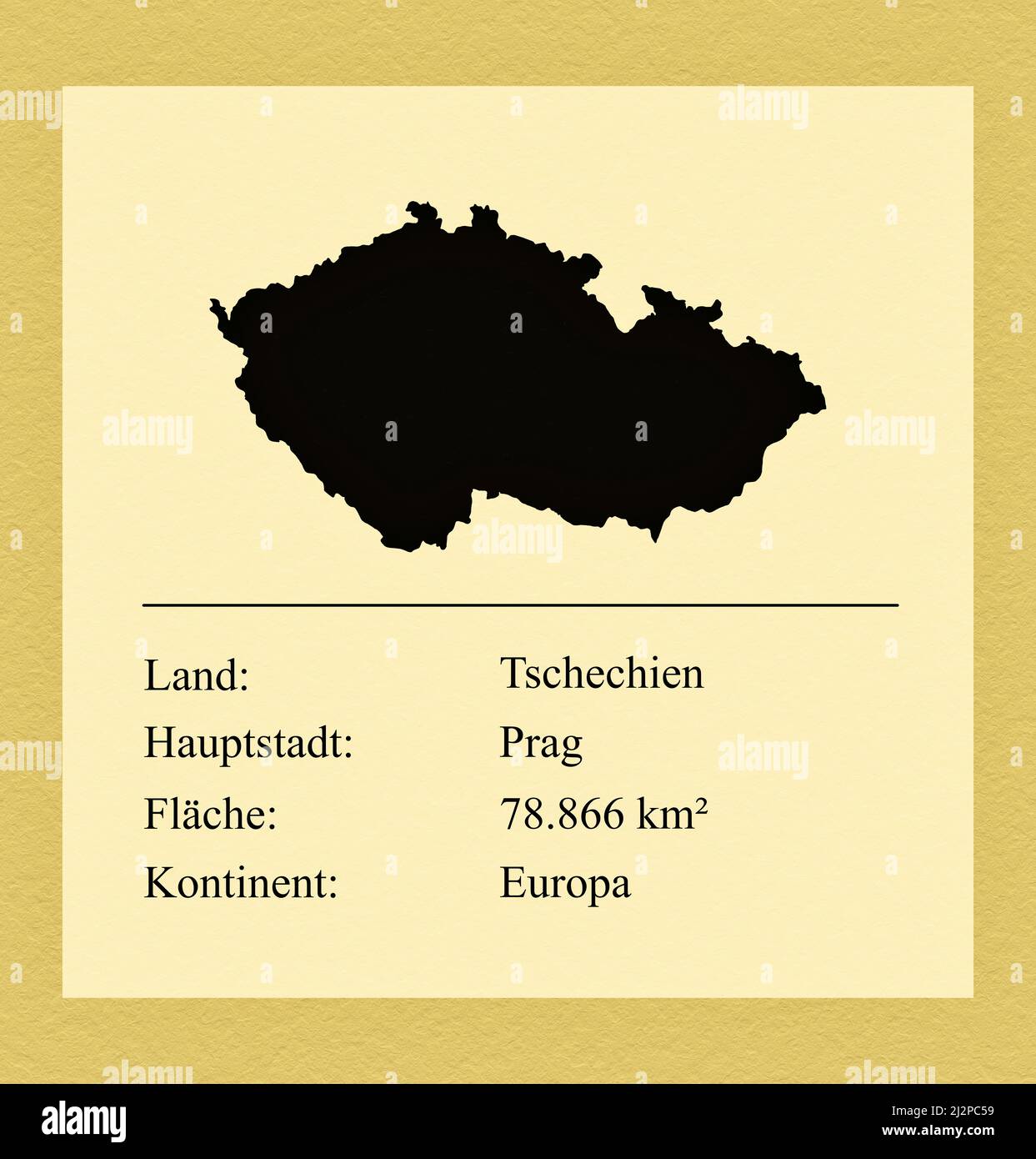 Umrisse des Landes Tschechien, darunter ein kleiner Steckbrief mit Ländernamen, Hauptstadt, Fläche und Kontinent Stock Photo