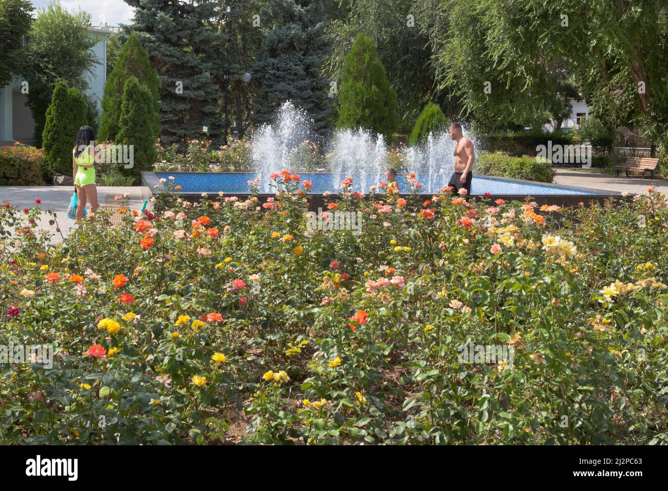 Evpatoria, Crimea, Russia - July 23, 2021: Fountain in the park of Heroes of Chernobyl in the city of Evpatoria, Crimea Stock Photo