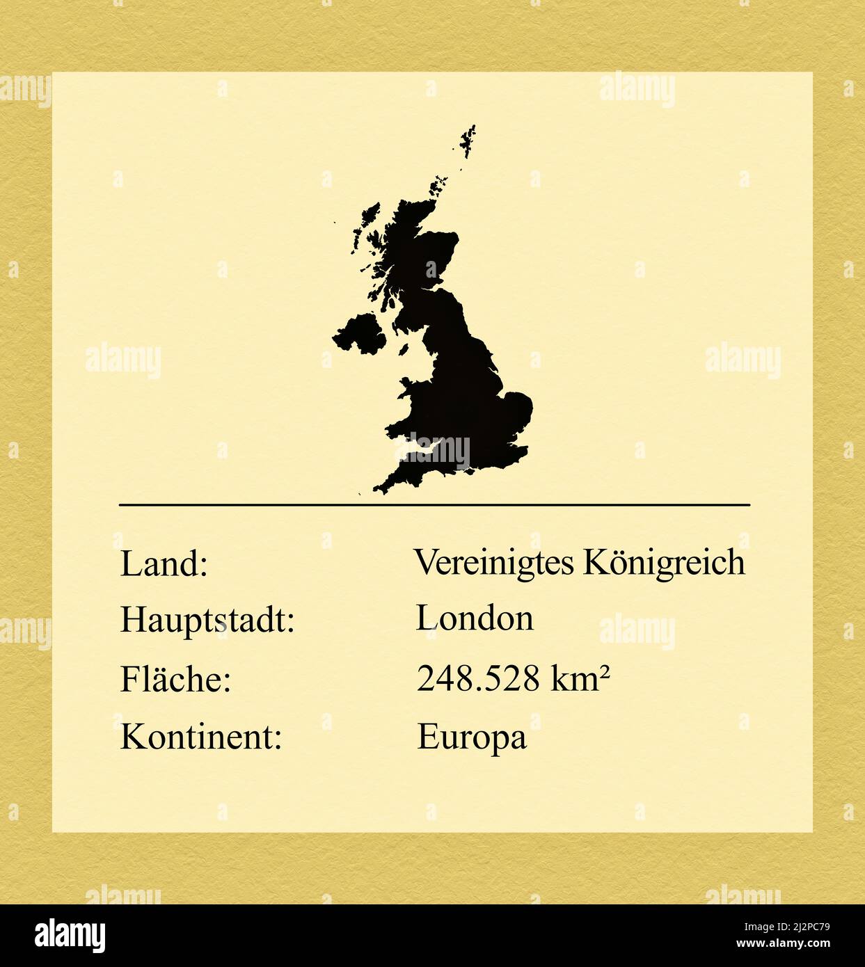 Umrisse des Vereinigten Königreiches, darunter ein kleiner Steckbrief mit Ländernamen, Hauptstadt, Fläche und Kontinent Stock Photo