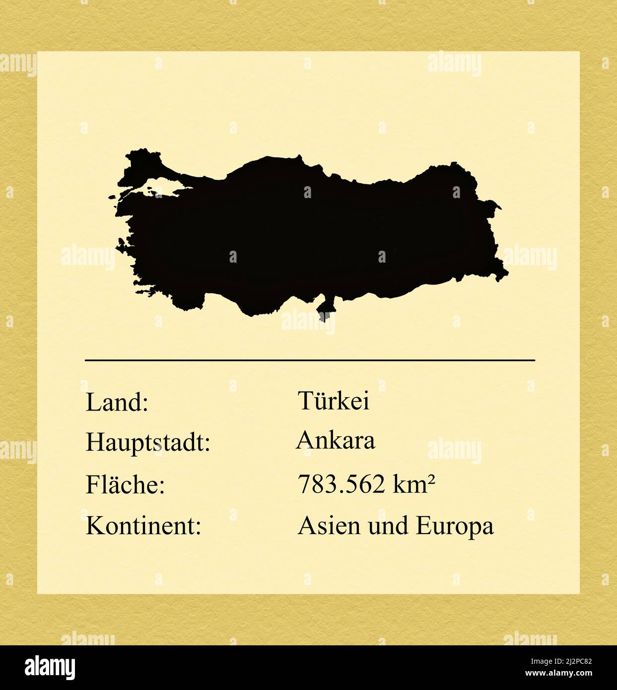 Umrisse des Landes Türkei, darunter ein kleiner Steckbrief mit Ländernamen, Hauptstadt, Fläche und Kontinent Stock Photo