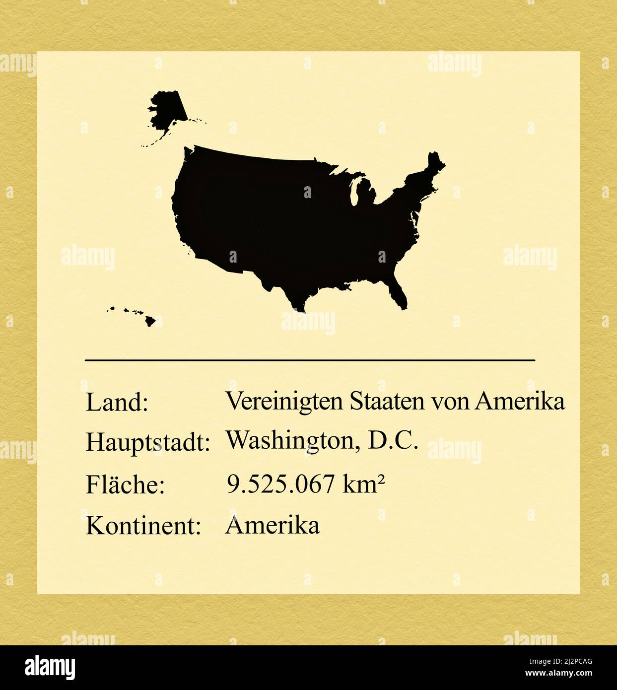 Umrisse der Vereinigten Staaten von Amerika, darunter ein kleiner Steckbrief mit Ländernamen, Hauptstadt, Fläche und Kontinent Stock Photo