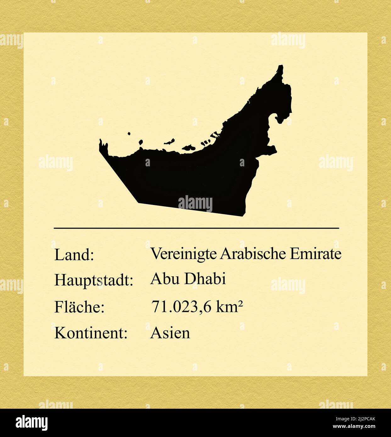Umrisse der Vereinigten Arabischen Emirate, darunter ein kleiner Steckbrief mit Ländernamen, Hauptstadt, Fläche und Kontinent Stock Photo