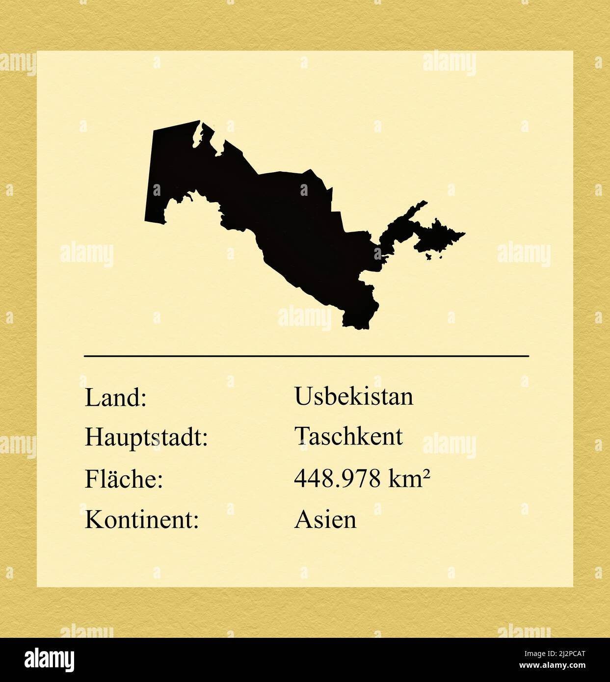 Umrisse des Landes Usbekistan, darunter ein kleiner Steckbrief mit Ländernamen, Hauptstadt, Fläche und Kontinent Stock Photo