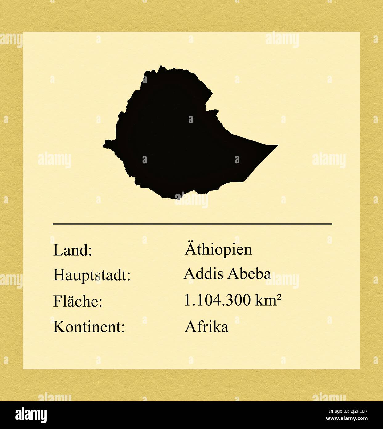 Umrisse des Landes Äthiopien, darunter ein kleiner Steckbrief mit Ländernamen, Hauptstadt, Fläche und Kontinent Stock Photo
