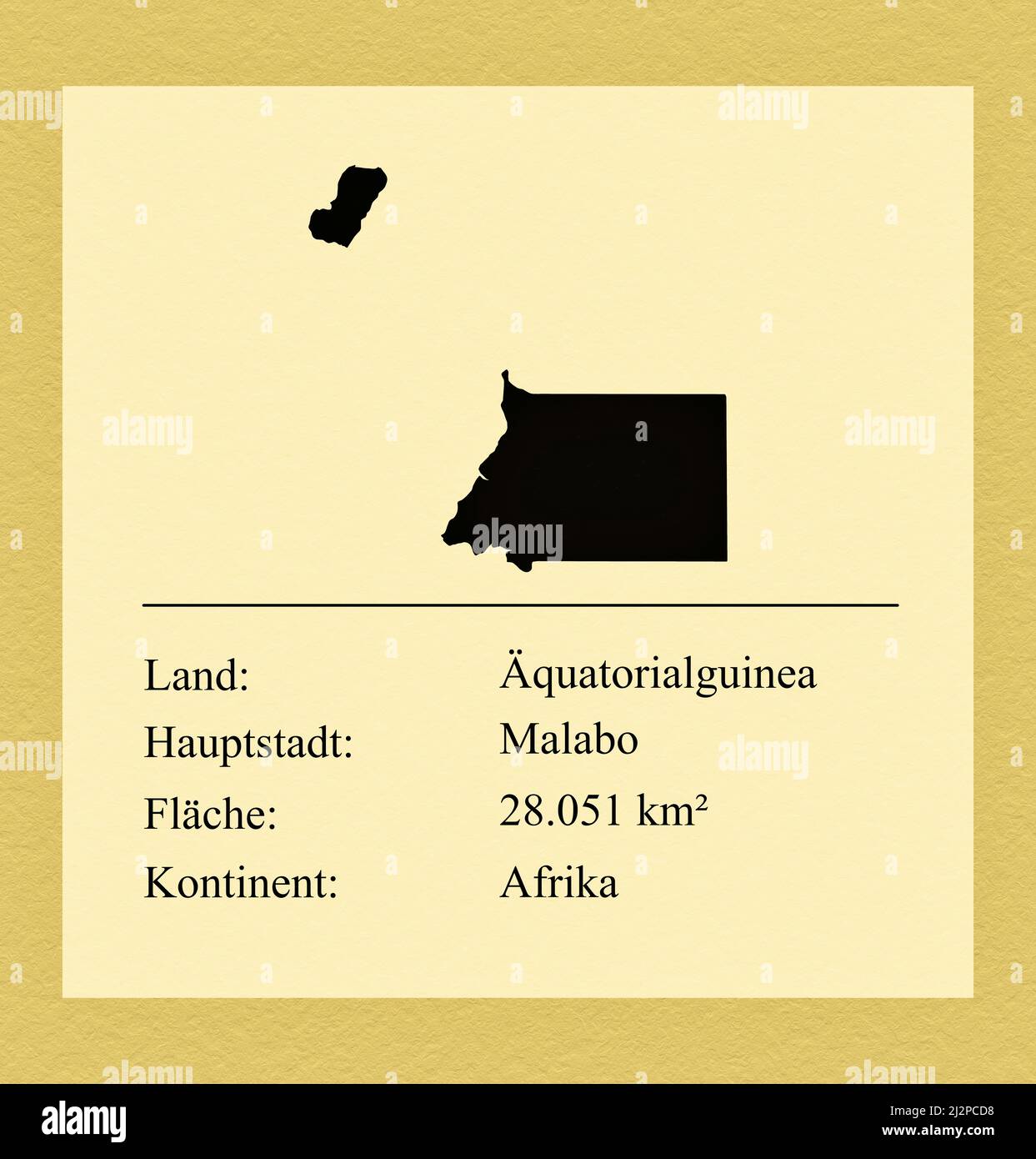 Umrisse des Landes Äquatorialguinea, darunter ein kleiner Steckbrief mit Ländernamen, Hauptstadt, Fläche und Kontinent Stock Photo