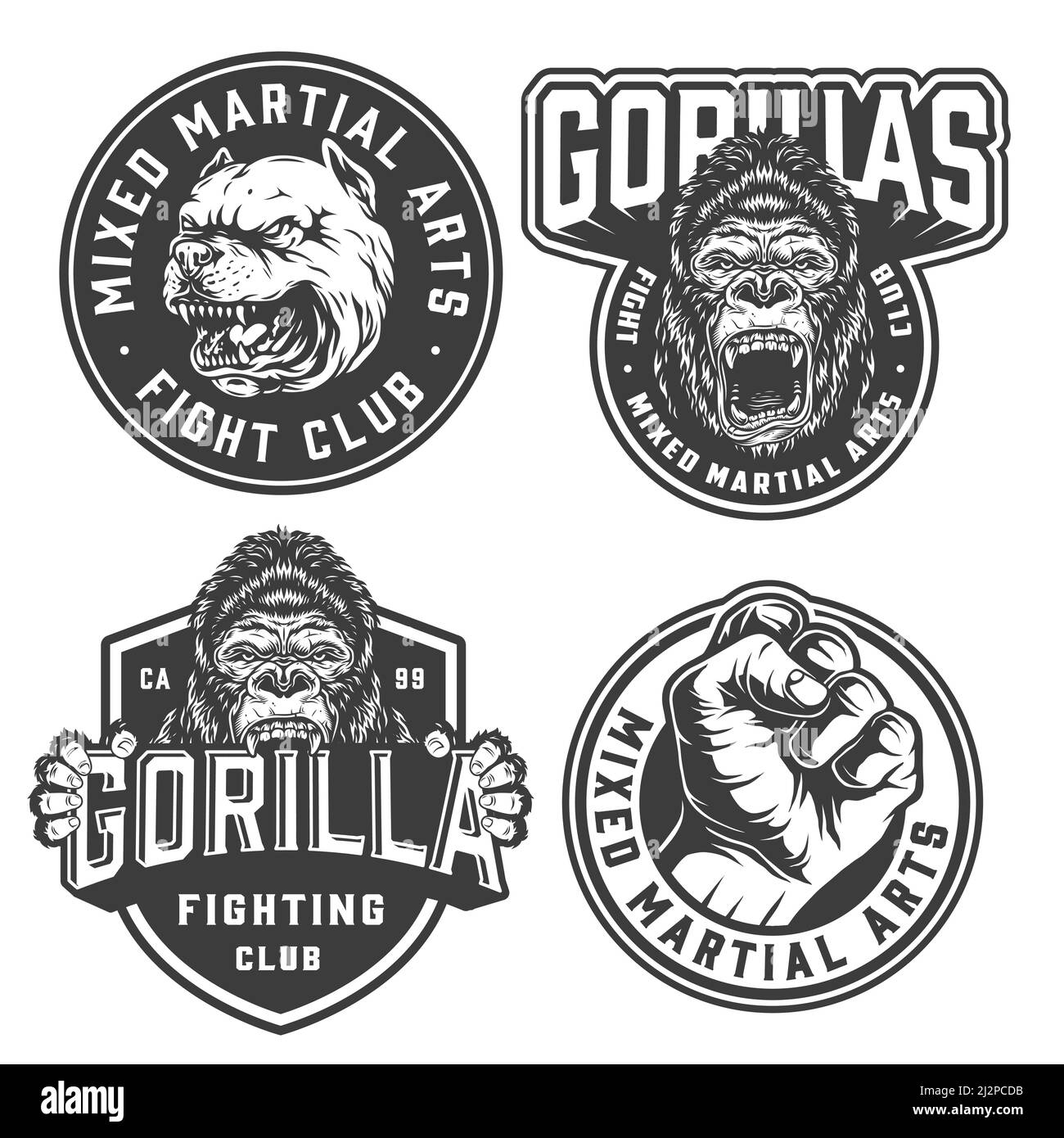 Vintage fight club monochrome labels with angry gorilla and pitbull heads and male fighter fist isolated vector illustration Stock Vector