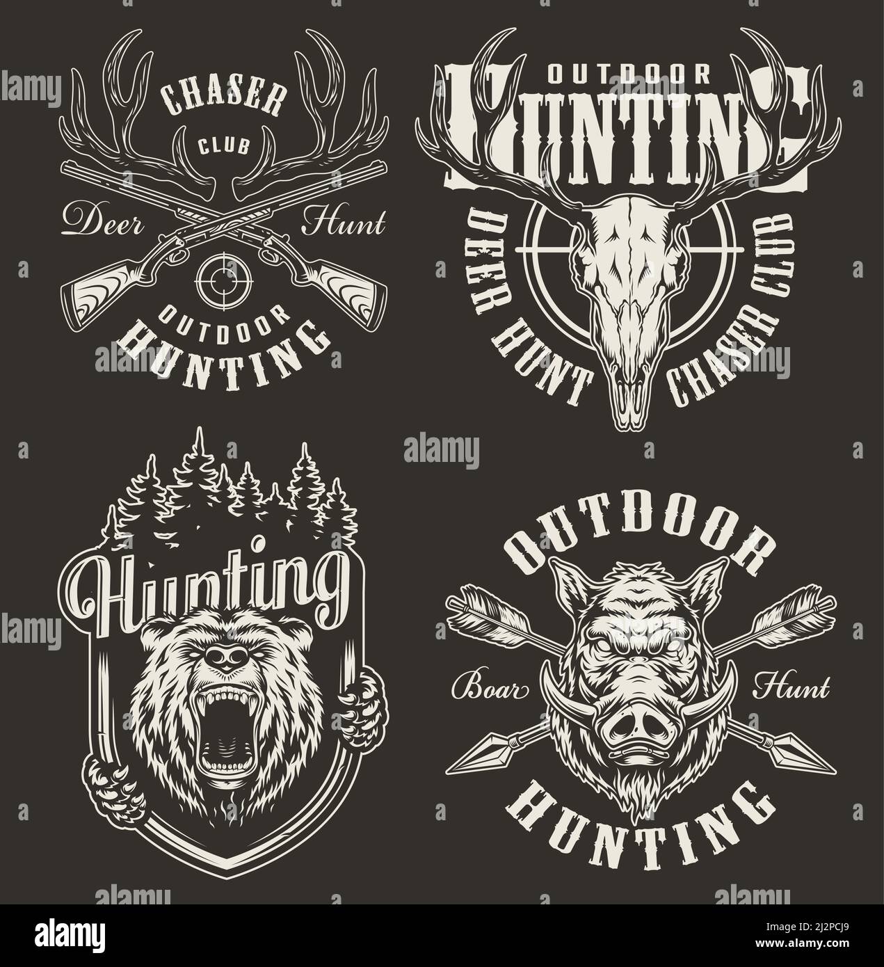 Vintage hunting prints with bear and hog heads deer skull horns rifle ...