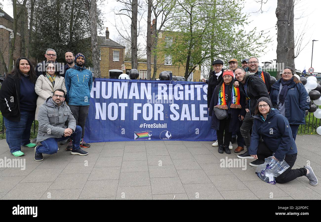 London, England, 3rd April 2022. A group of Tottenham Supporters gather outside the stadium with a banner referring to the Saudi ownership of Newcastle United and the stance the Country has on the LGBTQ+ community before the Premier League match at the Tottenham Hotspur Stadium, London. Picture credit should read: Paul Terry / Sportimage Credit: Sportimage/Alamy Live News Stock Photo