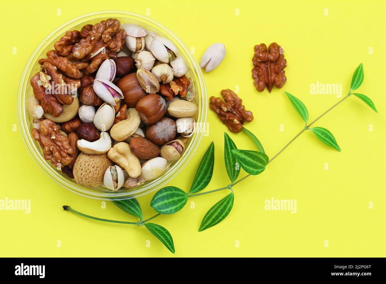 Selection of walnuts, hazelnuts, cashew nuts and almonds in plastic box on vivid yellow background Stock Photo