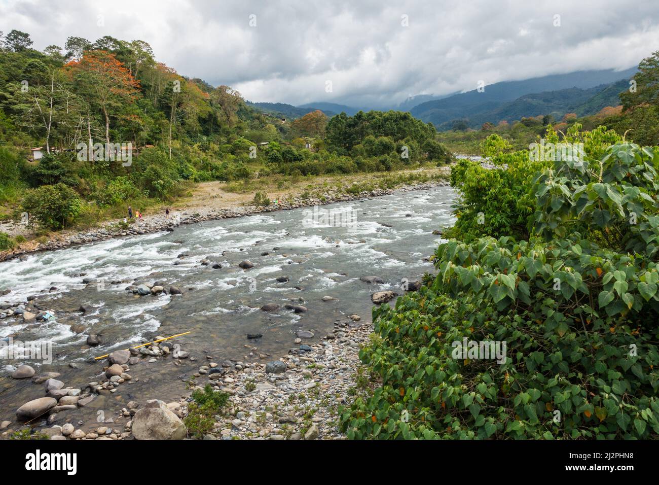 A river flows through the scenic Orosi Valley, Costa Rica. Stock Photo