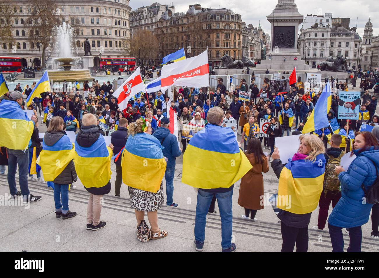 London, UK. 3rd April 2022. Protesters staged a rally in support of Ukraine in Trafalgar Square and held up signs with the names of Ukraine cities and towns which have suffered the most from Russian attacks. Credit: Vuk Valcic/Alamy Live News Stock Photo