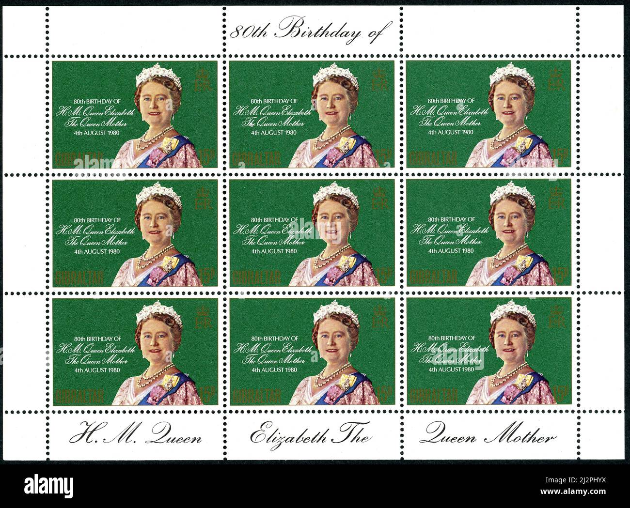 GIBRALTAR - CIRCA 1980: A postal stamp block printed in Gibraltar, dedicated to the birthday of Queen Mother Elizabeth, circa 1980 Stock Photo