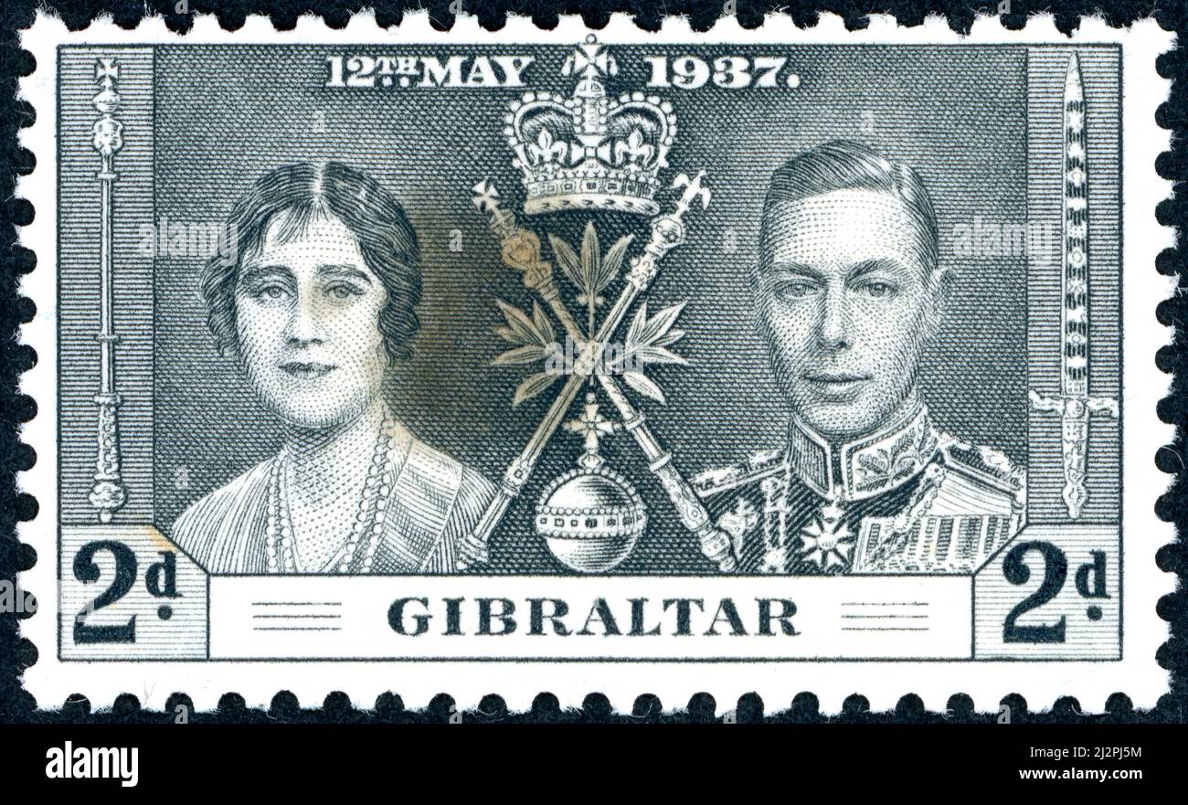GIBRALTAR - CIRCA 1937: A stamp printed in Gibraltar, is dedicated to Coronation of George VI and Elizabeth, circa 1937 Stock Photo