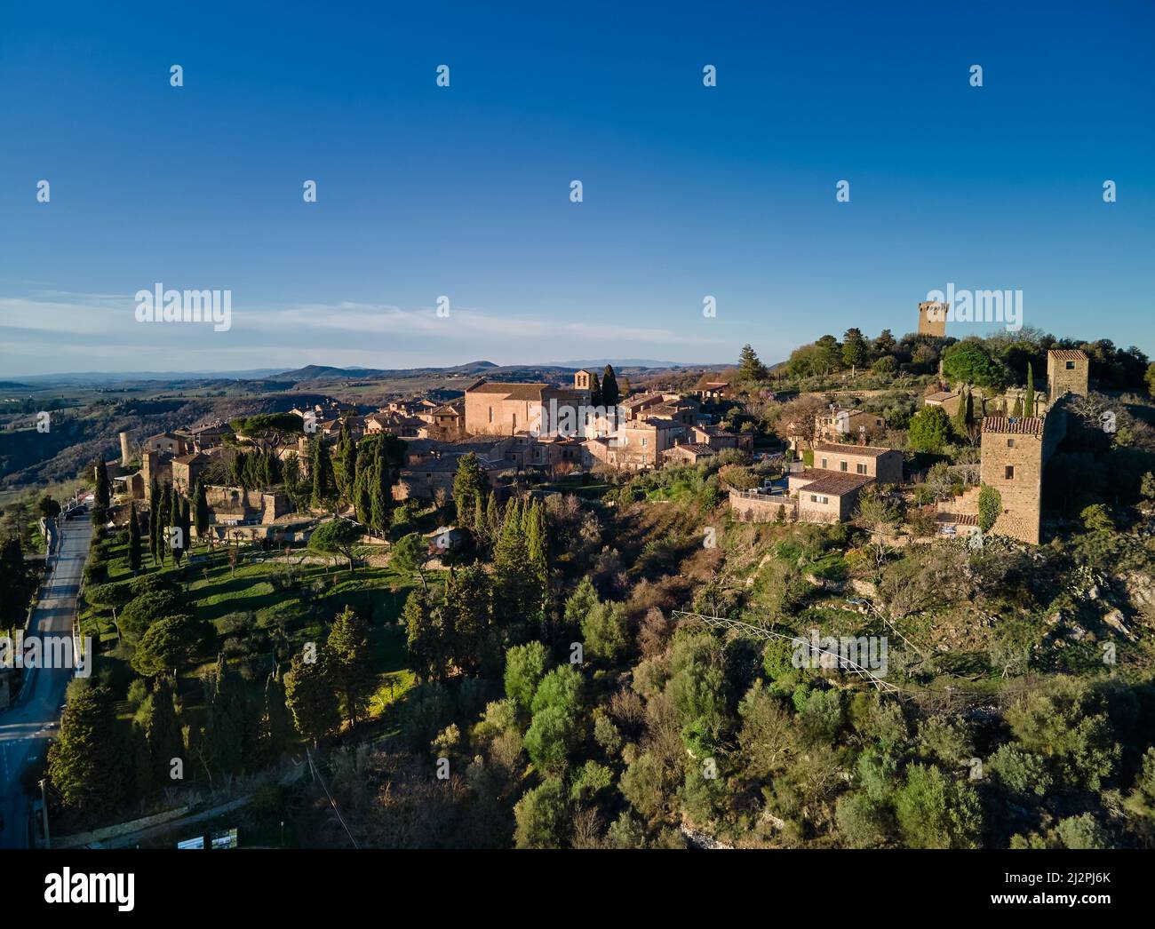 drone shot of medieval town Monticchiello, Tuscany, Italy Stock Photo