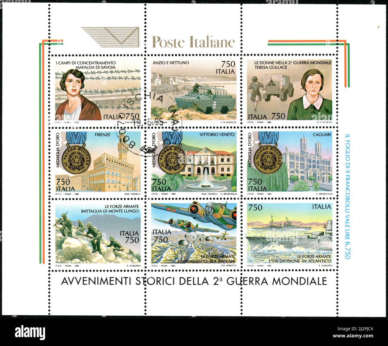 ITALY - CIRCA 1995: A postal stamp block printed in Italy, showing historical events of World War II, circa 1995 Stock Photo