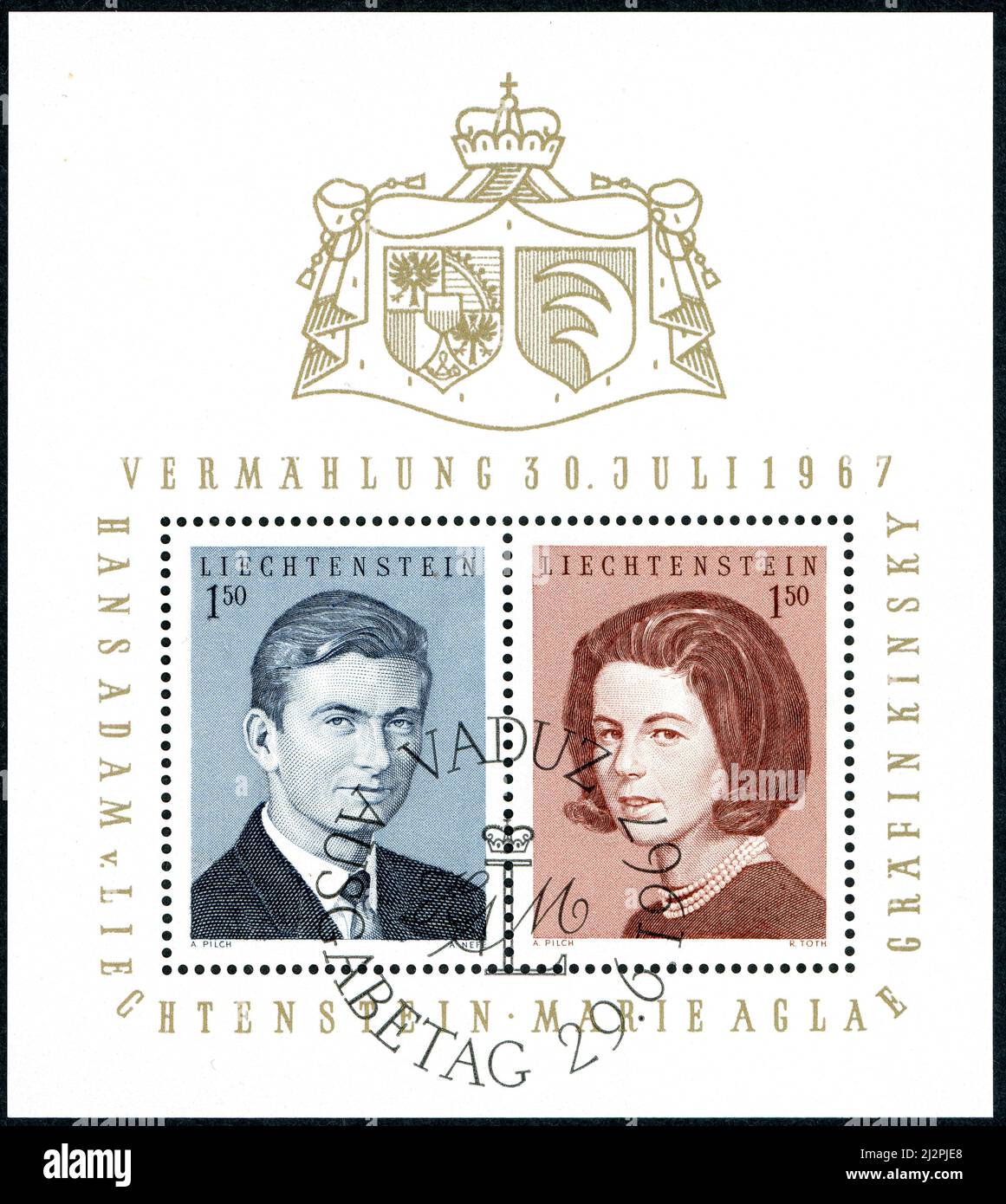 A postal stamp block printed in Liechtenstein, showing Prince Hans Adam and Countess Marie Aglae Kinsky - Wedding, circa 1967 Stock Photo