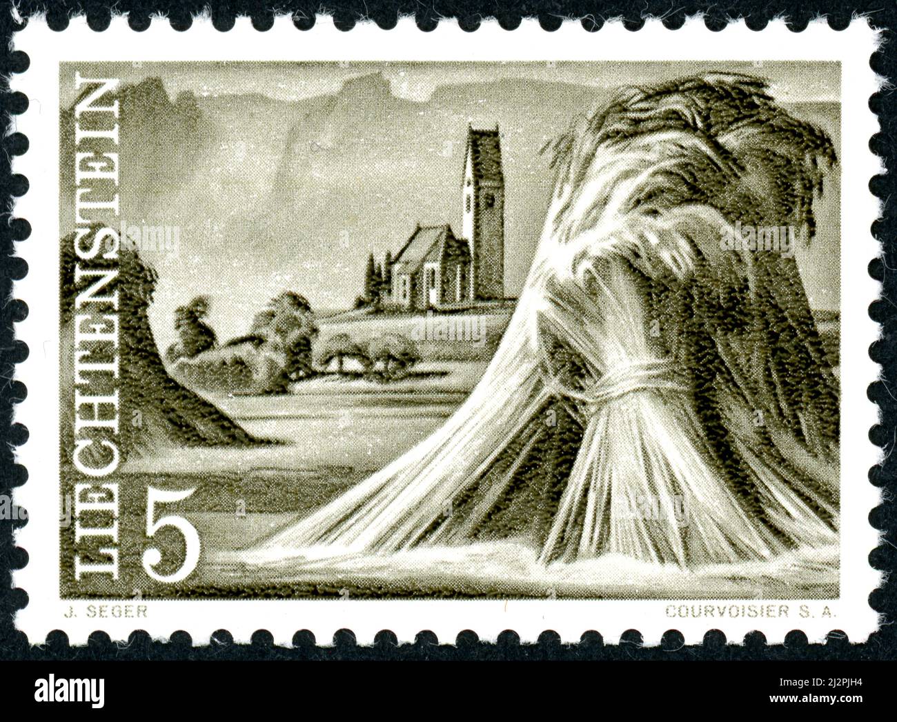 LIECHTENSTEIN - CIRCA 1961: A postal stamp printed in Liechtenstein, showing sheaves of wheat in front of the Church of Bendern, circa 1961 Stock Photo