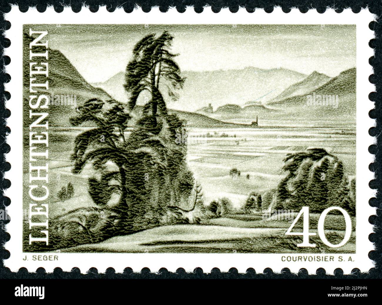 LIECHTENSTEIN - CIRCA 1961: A postal stamp printed in Liechtenstein, shown view from Schellenberg, circa 1961 Stock Photo