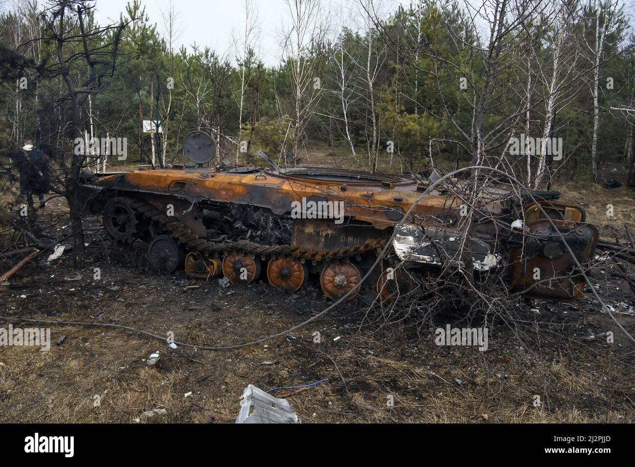 Kyiv, Ukraine. 03rd Apr, 2022. A destroyed Russian tank is seen amid Russia's invasion of Ukraine in Bucha, near Kyiv region, Ukraine on Sunday, April 3, 2022. Photo by Vladyslav Musienko/UPI Credit: UPI/Alamy Live News Stock Photo
