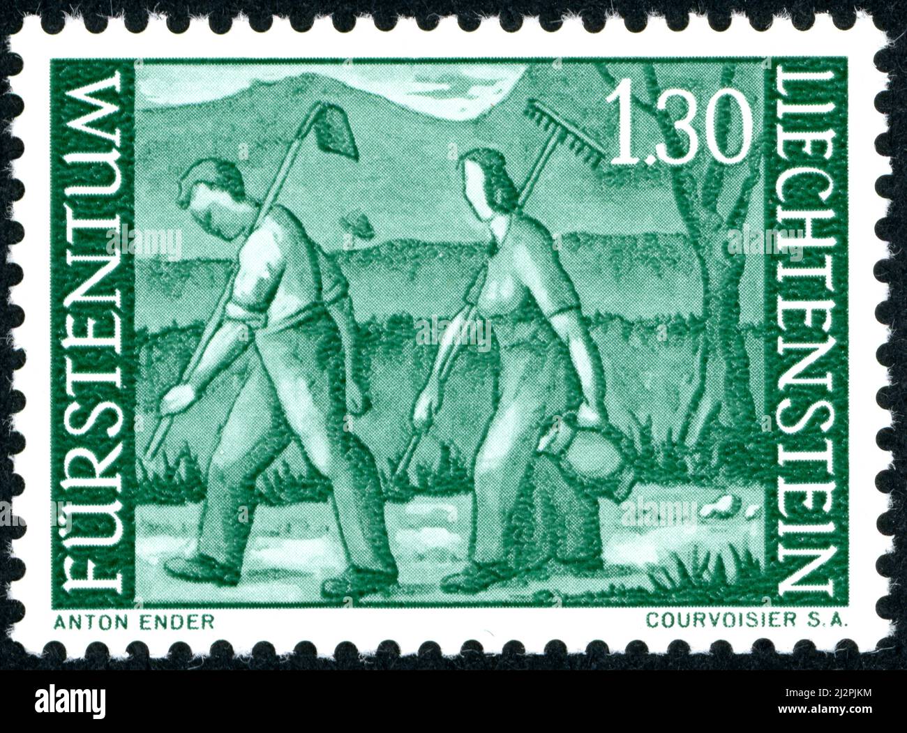 LIECHTENSTEIN - CIRCA 1964: A postal stamp printed in Liechtenstein, showing a peasant couple returning from field, circa 1964 Stock Photo