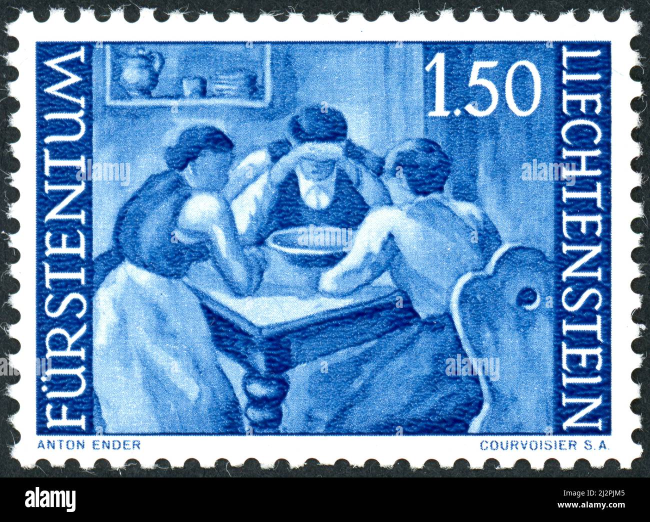 LIECHTENSTEIN - CIRCA 1960: A postal stamp printed in Liechtenstein, показан prayer before meals, circa 1960 Stock Photo