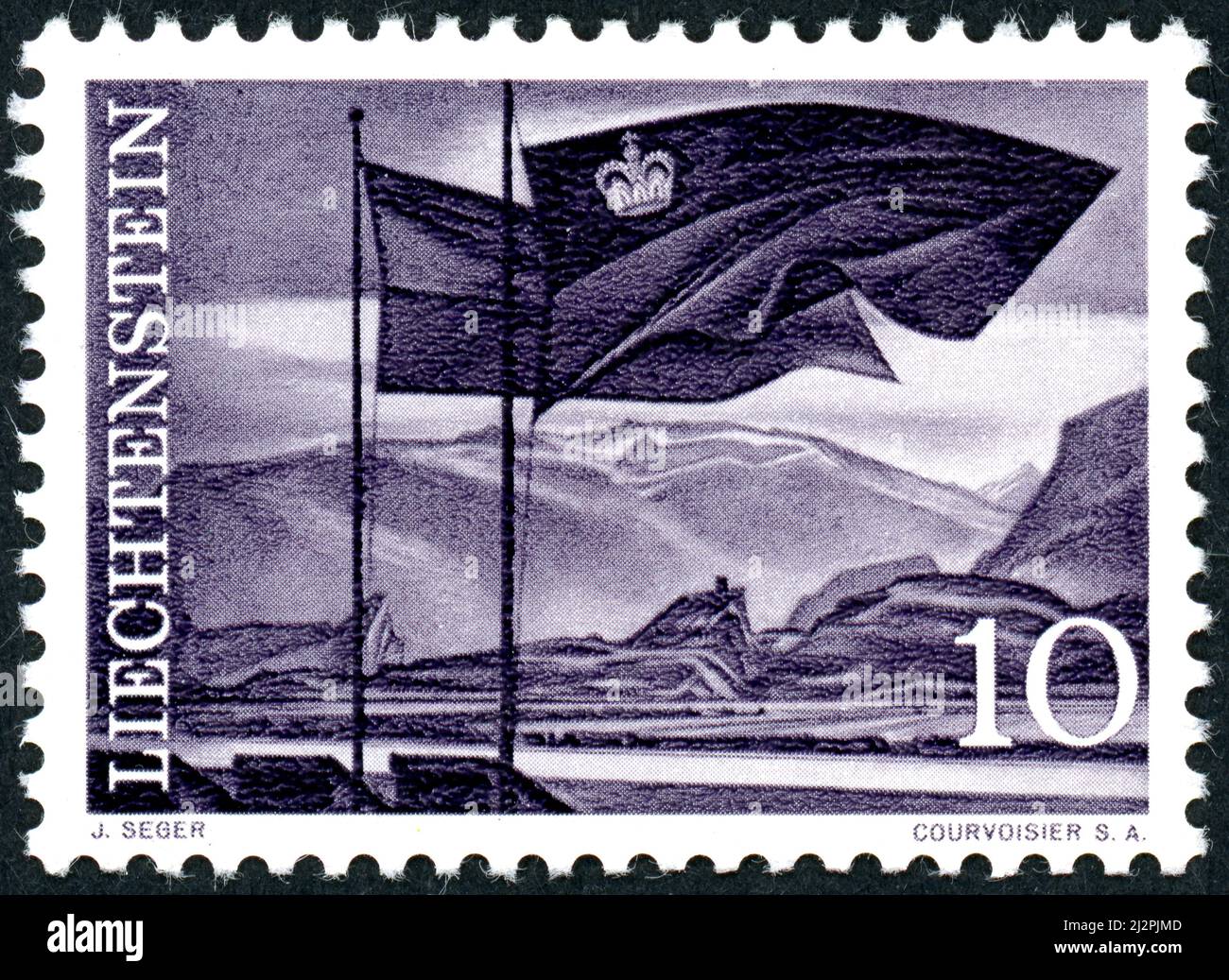 LIECHTENSTEIN - CIRCA 1959: A postal stamp printed in Liechtenstein, shown flags in front of the Rhine valley, circa 1959 Stock Photo