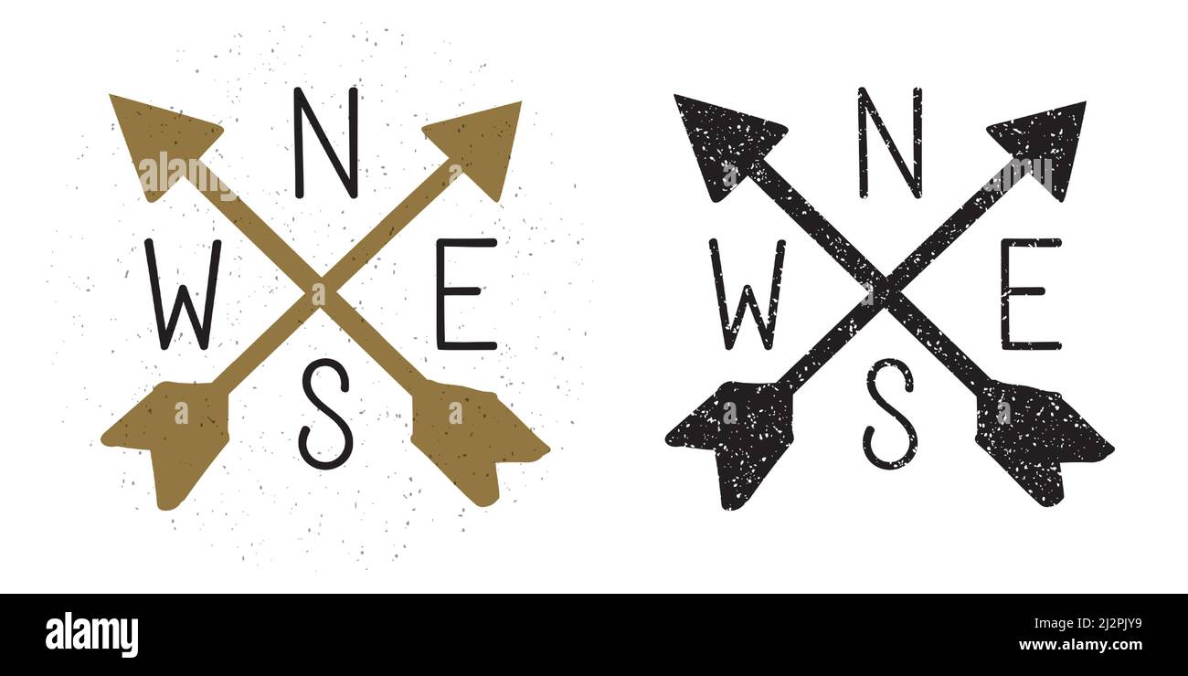 Set of vintage style textured direction arrows with letters. Adventure