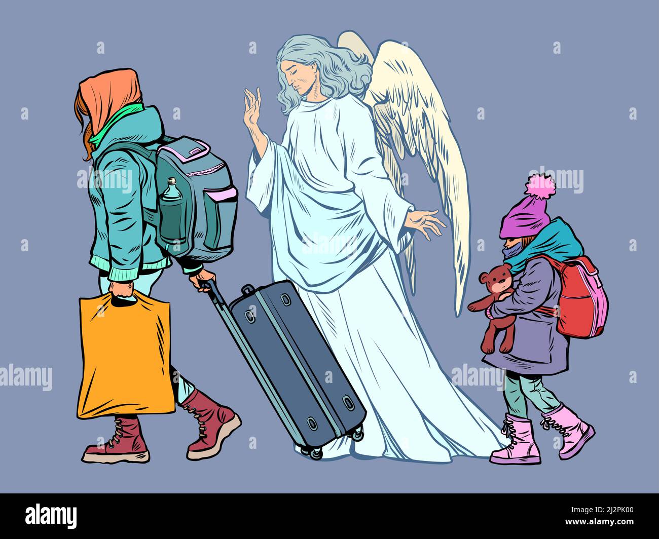 Refugee children accompanied by an angel. Escape from the war. Ukraine, Europe humanitarian crisis concept. Pop Art Retro Vector Illustration 50s 60s Stock Vector