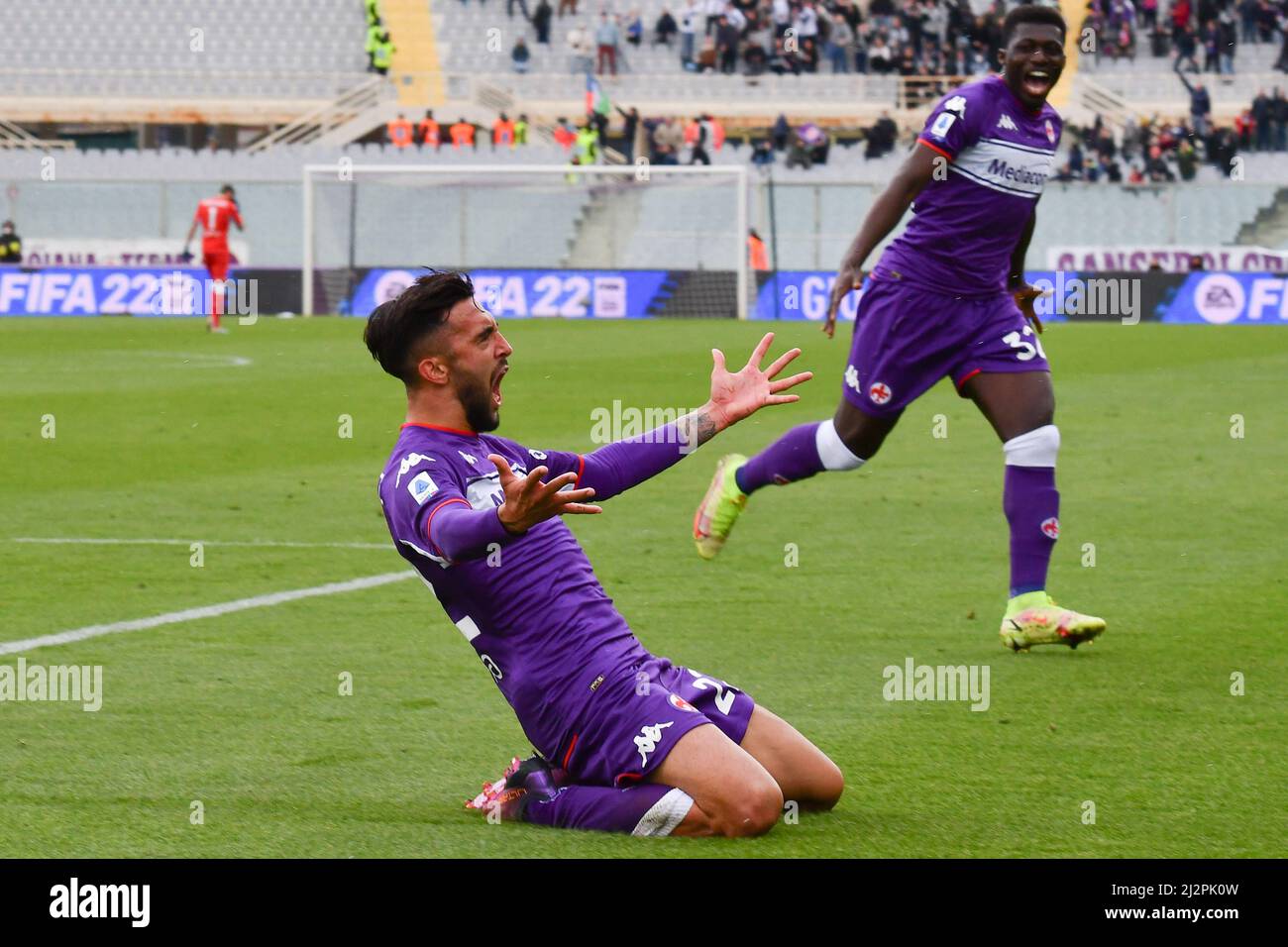 Florence, Italy. 03rd Apr, 2022. Nicolas Gonzalez (ACF Fiorentina)  celebrates after scoring a goal during ACF Fiorentina vs Empoli FC, italian  soccer Serie A match in Florence, Italy, April 03 2022 Credit