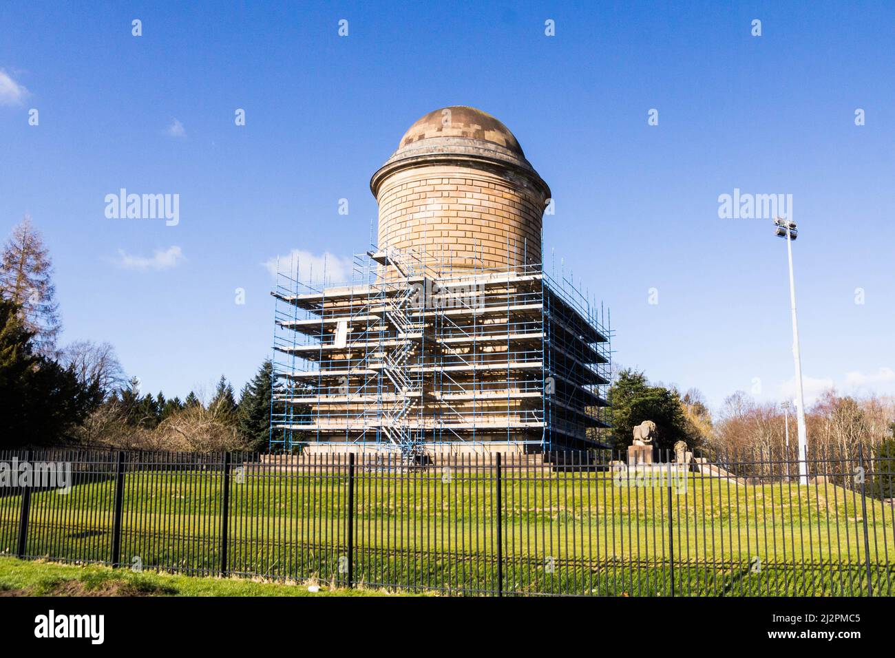 Mausoleum in Hamilton, Scotland with Scaffolding around for repair work to stop the deterioration of the building Stock Photo