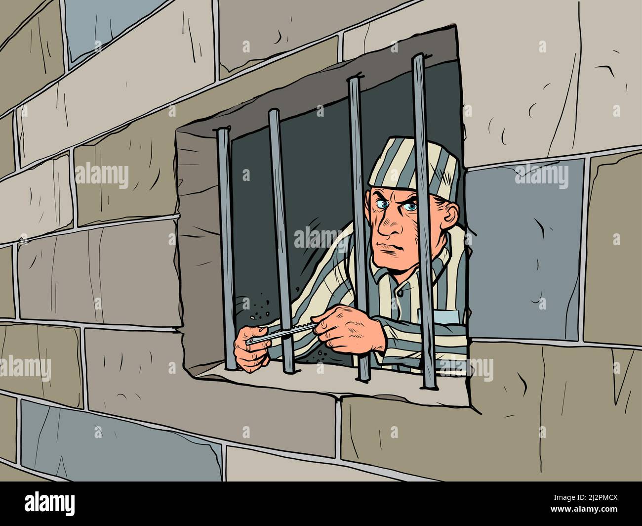 The lawbreaker is in jail. a prisoner in a striped uniform, a dangerous criminal. Escape attempt. pop art Retro vector Illustration 50s 60s kitsch Vin Stock Vector